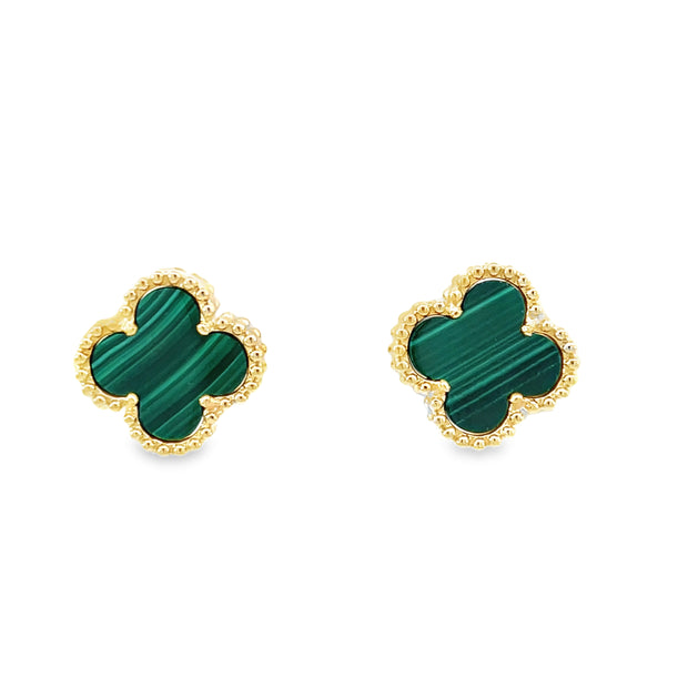 14 Karat Yellow Gold  Malachite Clover Earrings