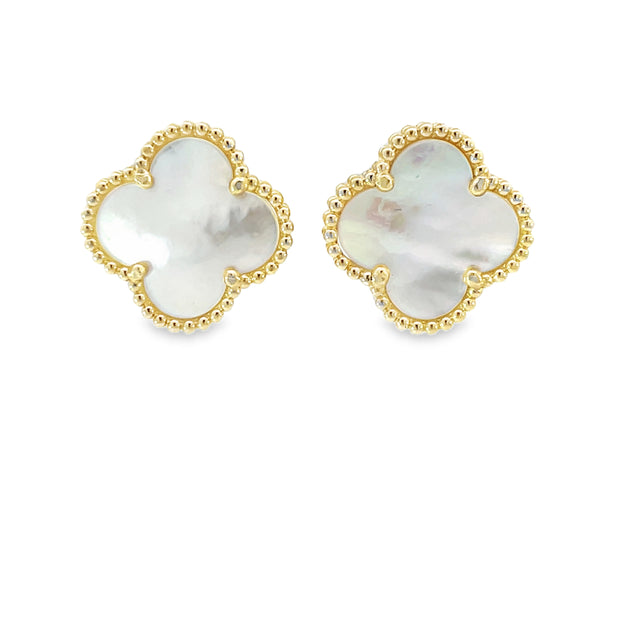 14 Karat Yellow Gold Mother Of Pearl Clover Earrings