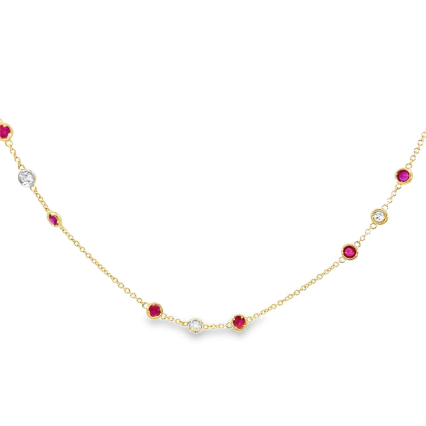 14 Karat Yellow Gold Ruby & Diamond Station Necklace .51 TDW