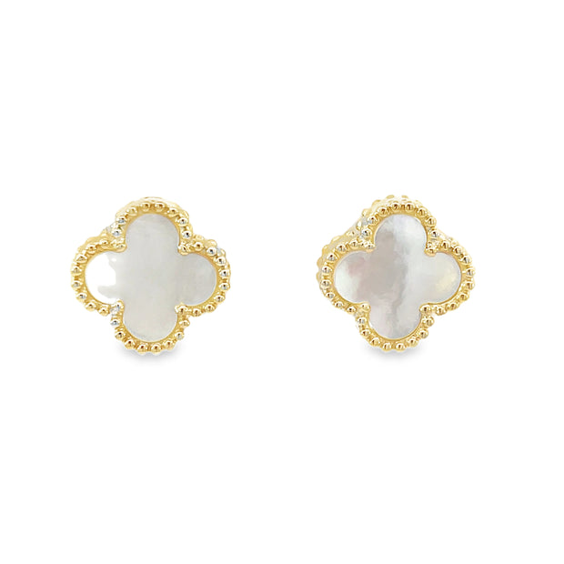 14 Karat Yellow Gold Mother of Pearl Clover Earrings